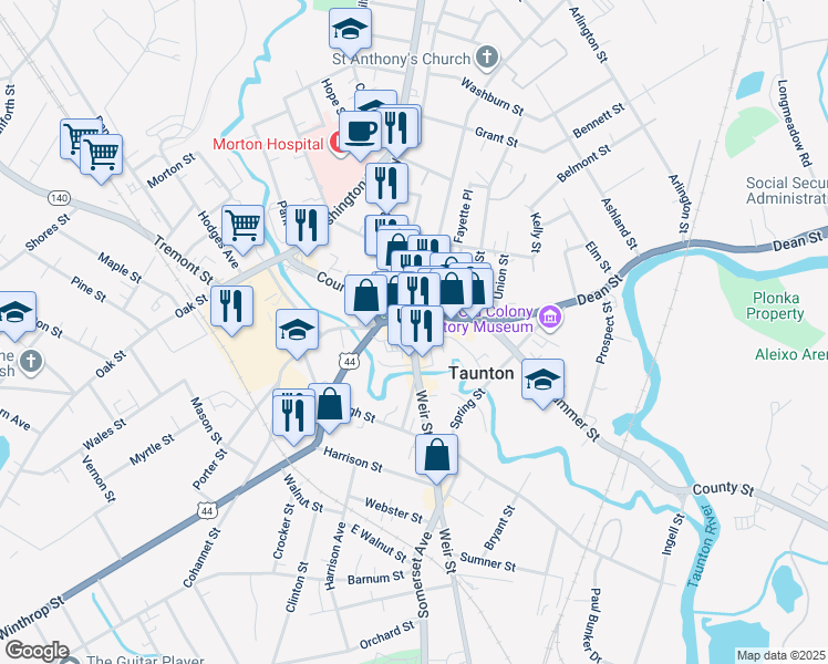 map of restaurants, bars, coffee shops, grocery stores, and more near 26 Weir Street in Taunton