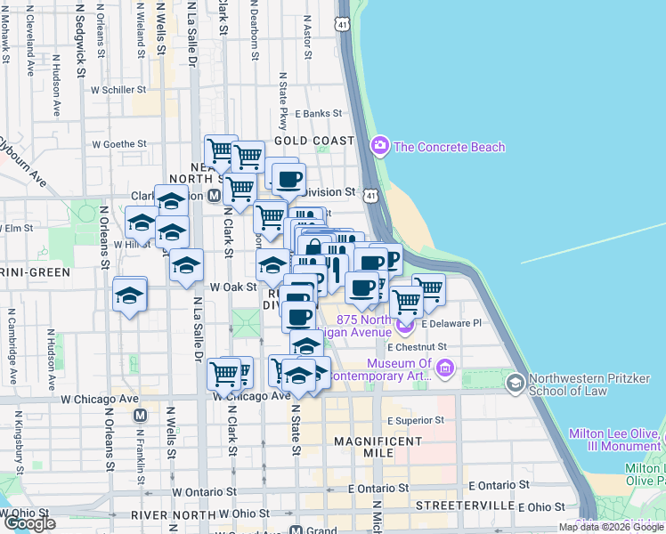 map of restaurants, bars, coffee shops, grocery stores, and more near 60 East Oak Street in Chicago
