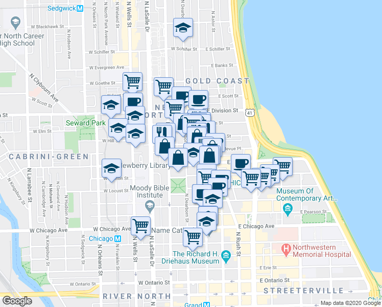 map of restaurants, bars, coffee shops, grocery stores, and more near 1016 North Dearborn Parkway in Chicago