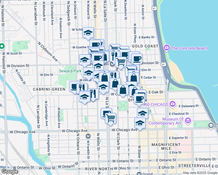 map of restaurants, bars, coffee shops, grocery stores, and more near in Chicago