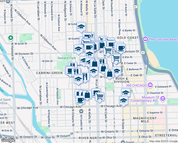 map of restaurants, bars, coffee shops, grocery stores, and more near 300 West Oak Street in Chicago