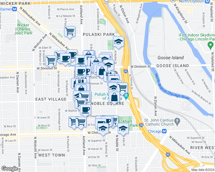 map of restaurants, bars, coffee shops, grocery stores, and more near 1450 West Cortez Street in Chicago