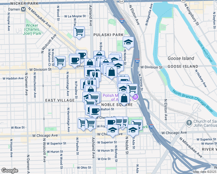 map of restaurants, bars, coffee shops, grocery stores, and more near 1450 West Cortez Street in Chicago