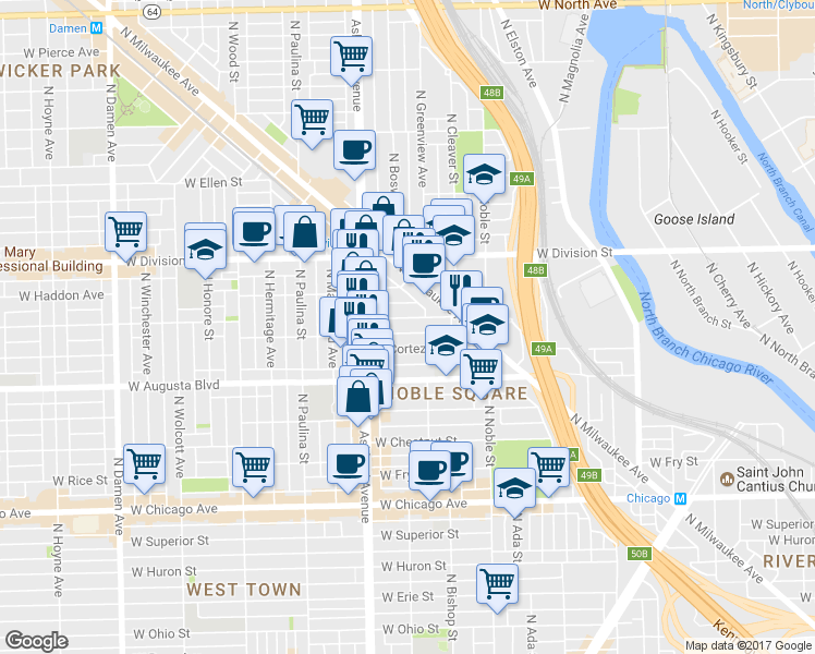 map of restaurants, bars, coffee shops, grocery stores, and more near 1528 West Cortez Street in Chicago