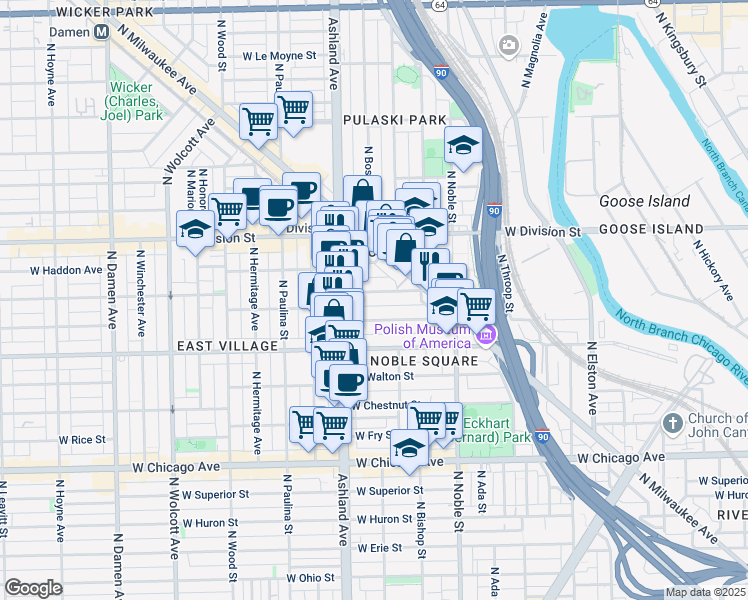 map of restaurants, bars, coffee shops, grocery stores, and more near 1528 West Cortez Street in Chicago