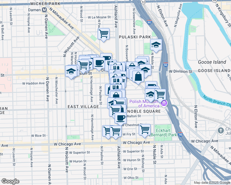 map of restaurants, bars, coffee shops, grocery stores, and more near 1038 North Ashland Avenue in Chicago