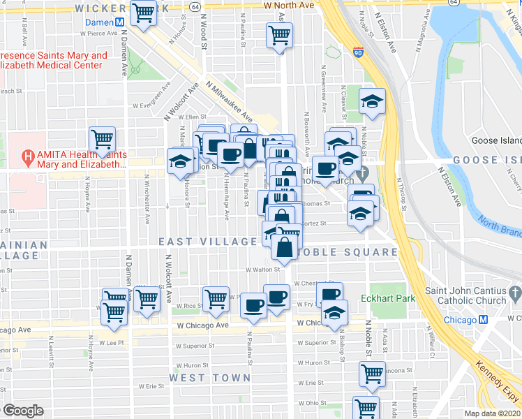 map of restaurants, bars, coffee shops, grocery stores, and more near 1040 North Marshfield Avenue in Chicago