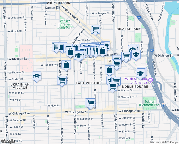 map of restaurants, bars, coffee shops, grocery stores, and more near 1049 North Wood Street in Chicago