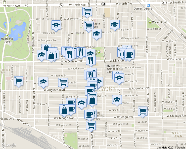 map of restaurants, bars, coffee shops, grocery stores, and more near 1061 North Western Avenue in Chicago