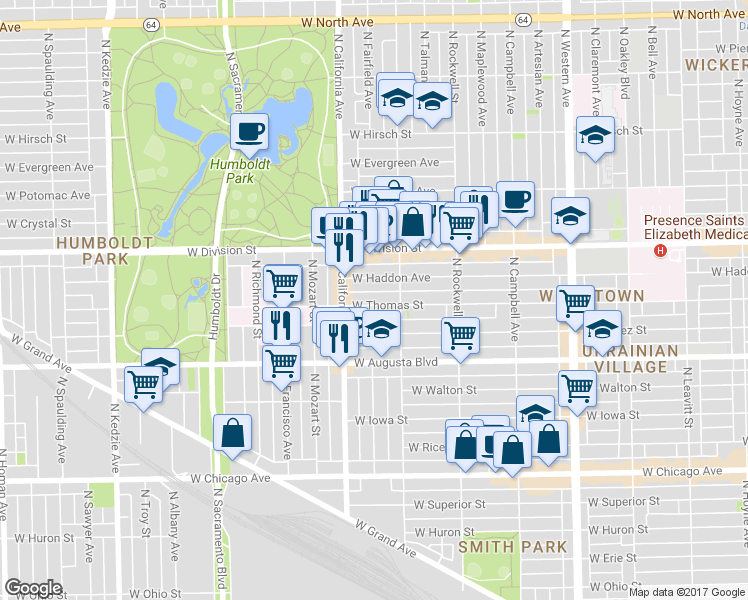 map of restaurants, bars, coffee shops, grocery stores, and more near 2741 West Thomas Street in Chicago