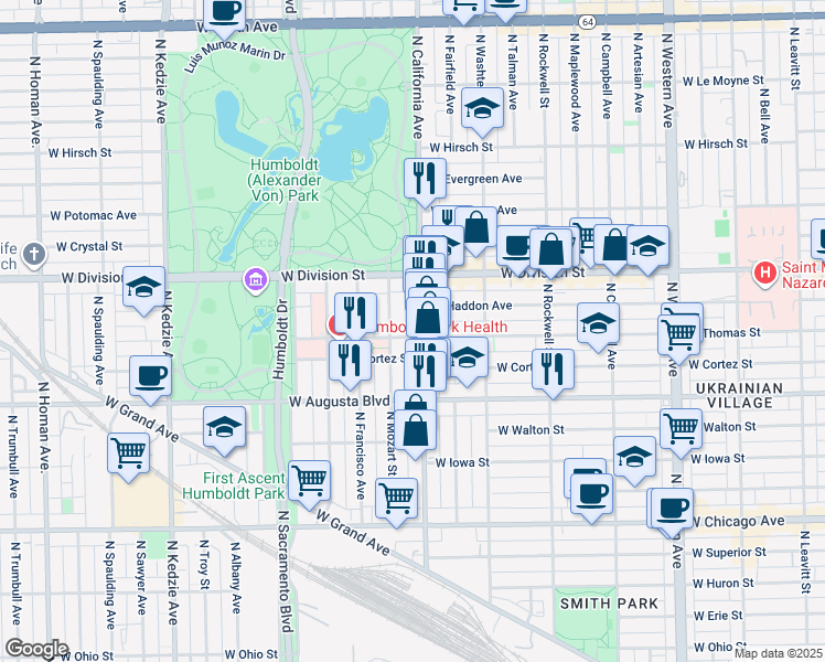map of restaurants, bars, coffee shops, grocery stores, and more near in Chicago