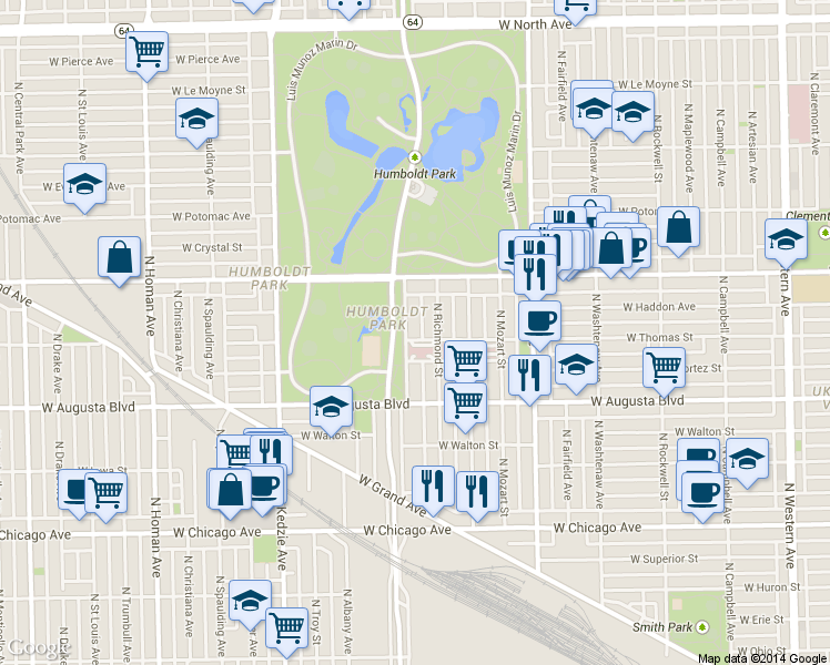 map of restaurants, bars, coffee shops, grocery stores, and more near 1045 North Sacramento Avenue in Chicago