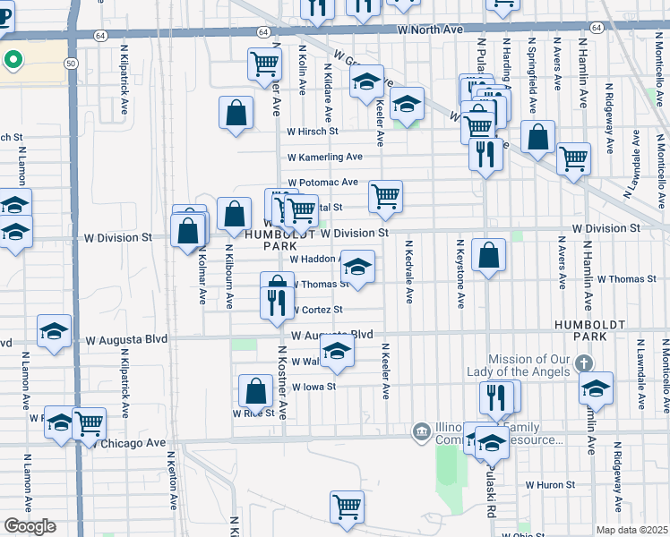 map of restaurants, bars, coffee shops, grocery stores, and more near 1105 North Kildare Avenue in Chicago