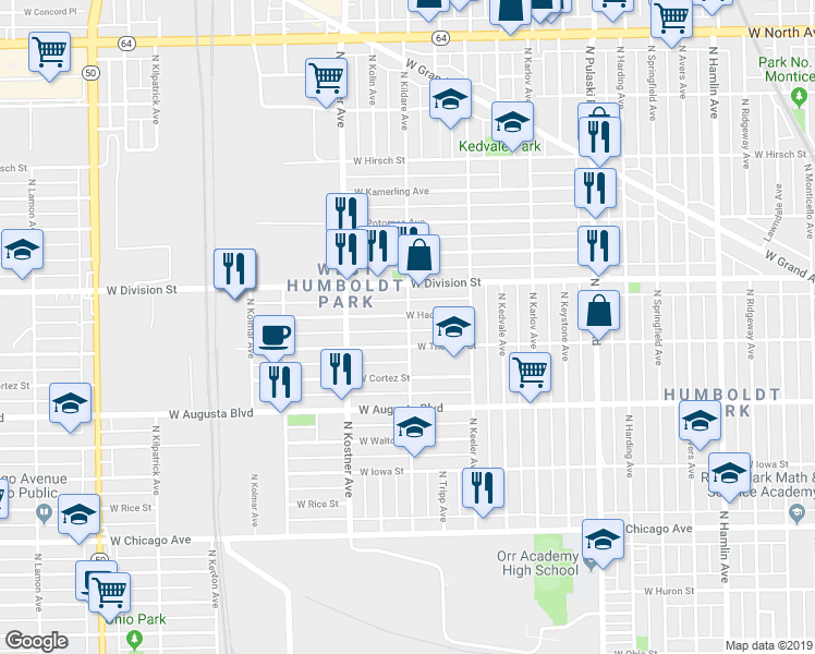 map of restaurants, bars, coffee shops, grocery stores, and more near 1105 North Kildare Avenue in Chicago