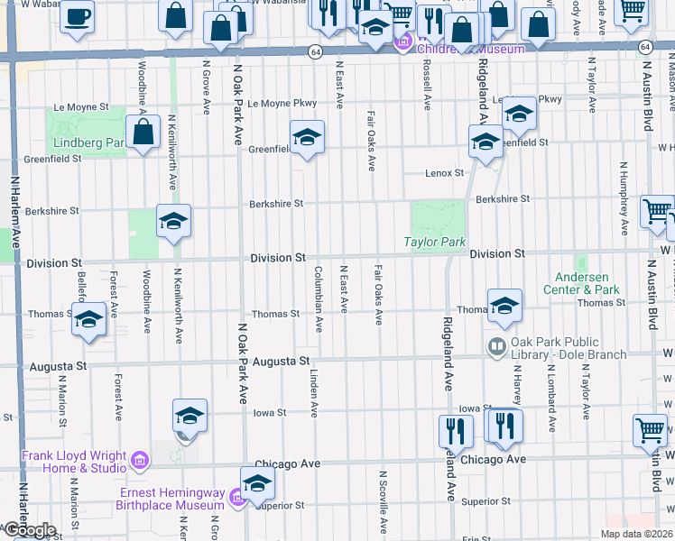 map of restaurants, bars, coffee shops, grocery stores, and more near 831 North East Avenue in Oak Park