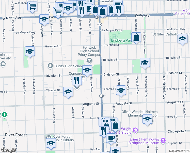 map of restaurants, bars, coffee shops, grocery stores, and more near 1135 Bonnie Brae in River Forest