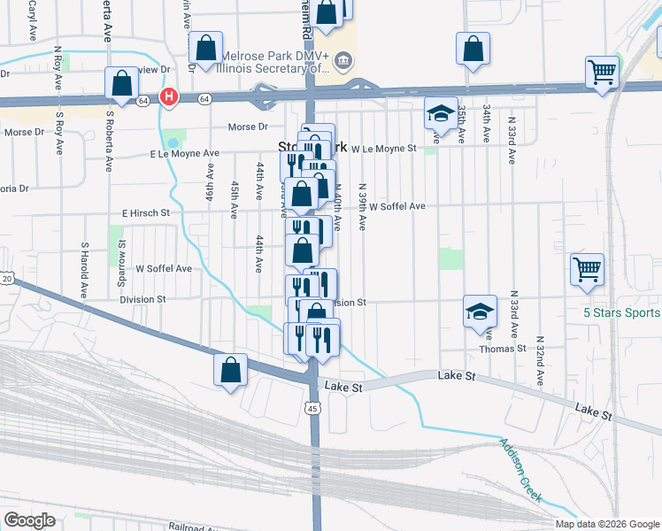 map of restaurants, bars, coffee shops, grocery stores, and more near 1629 Mannheim Road in Stone Park