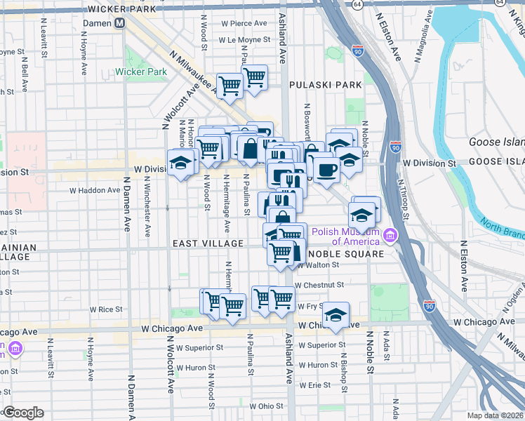 map of restaurants, bars, coffee shops, grocery stores, and more near 1056 North Marshfield Avenue in Chicago