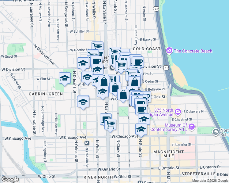 map of restaurants, bars, coffee shops, grocery stores, and more near 111 West Maple Street in Chicago