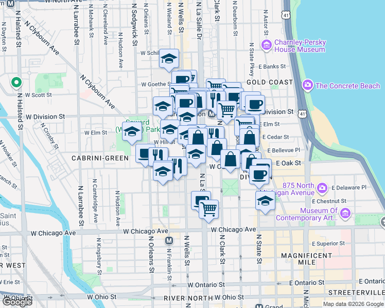 map of restaurants, bars, coffee shops, grocery stores, and more near in Chicago