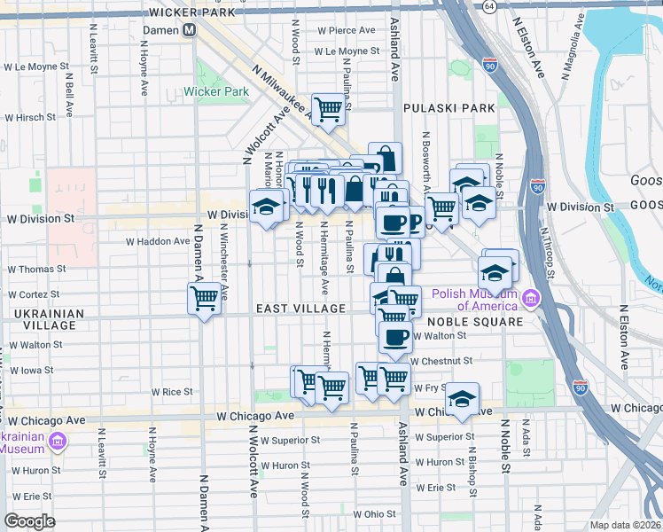map of restaurants, bars, coffee shops, grocery stores, and more near 1059 North Hermitage Avenue in Chicago