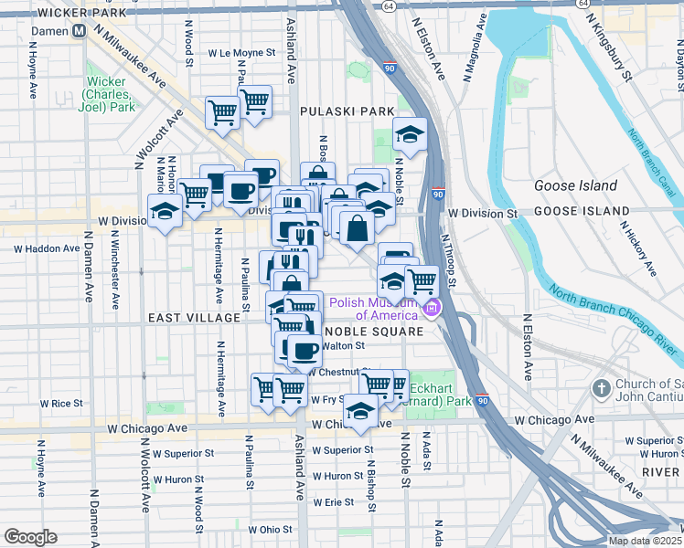 map of restaurants, bars, coffee shops, grocery stores, and more near 1528 West Cortez Street in Chicago