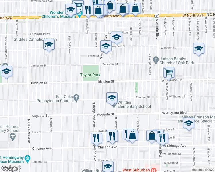 map of restaurants, bars, coffee shops, grocery stores, and more near 829 North Harvey Avenue in Oak Park