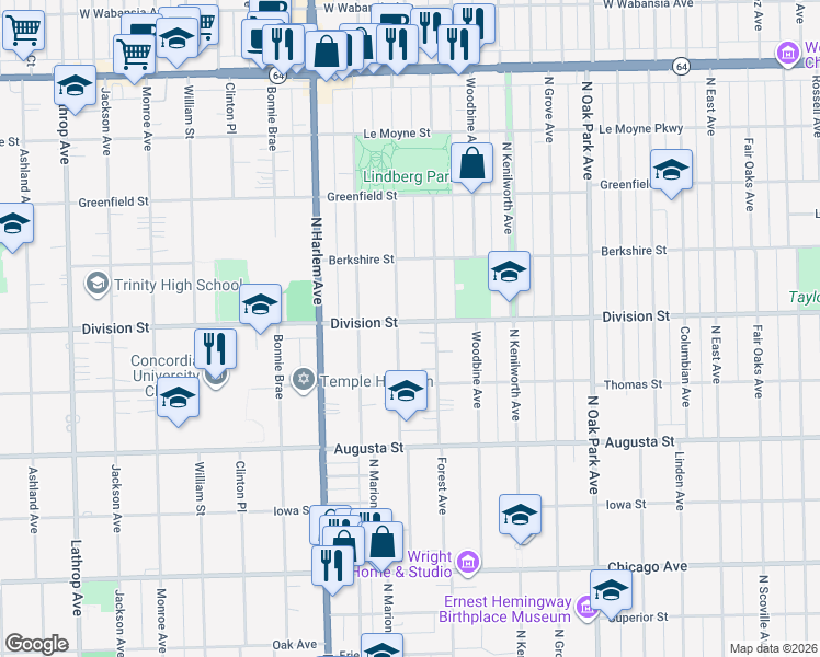 map of restaurants, bars, coffee shops, grocery stores, and more near 850 Belleforte Avenue in Oak Park