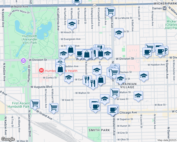 map of restaurants, bars, coffee shops, grocery stores, and more near 2551 West Thomas Street in Chicago