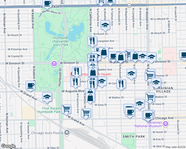 map of restaurants, bars, coffee shops, grocery stores, and more near 2741 West Thomas Street in Chicago