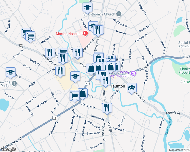 map of restaurants, bars, coffee shops, grocery stores, and more near 39 Taunton Green in Taunton