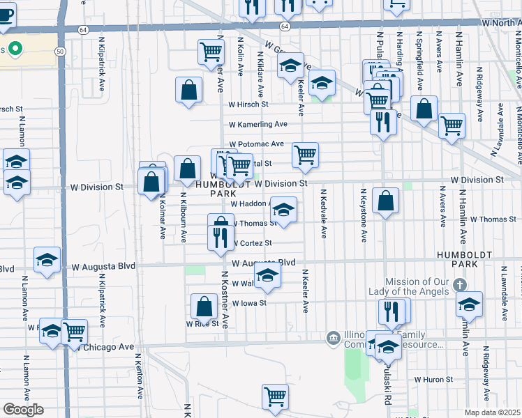 map of restaurants, bars, coffee shops, grocery stores, and more near 1105 North Kildare Avenue in Chicago