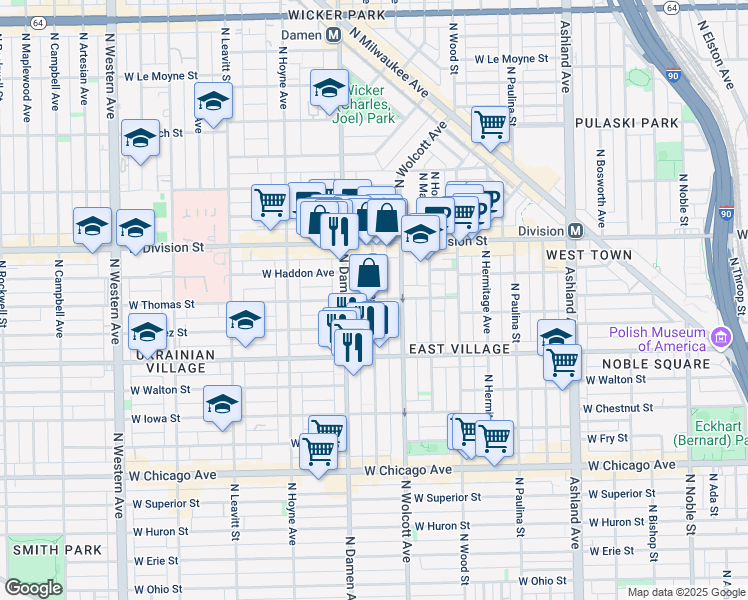 map of restaurants, bars, coffee shops, grocery stores, and more near W Thomas St & N Winchester Ave in Chicago