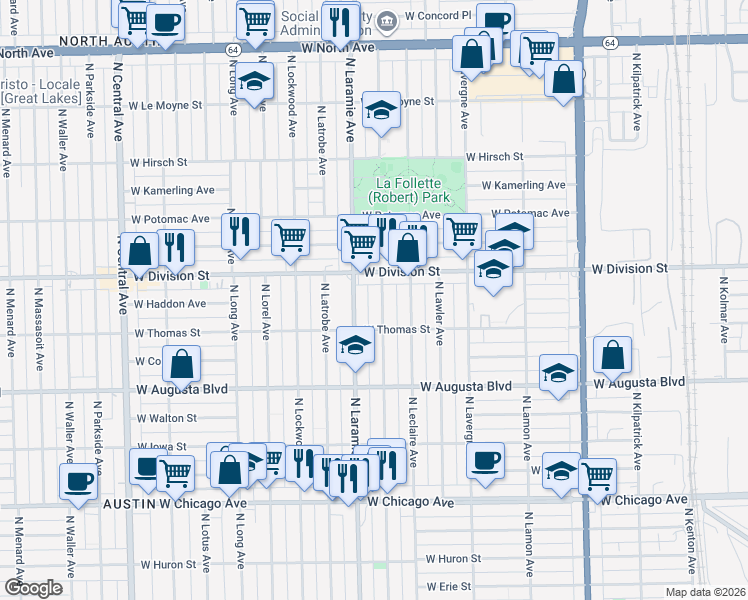 map of restaurants, bars, coffee shops, grocery stores, and more near 1121 North Leamington Avenue in Chicago