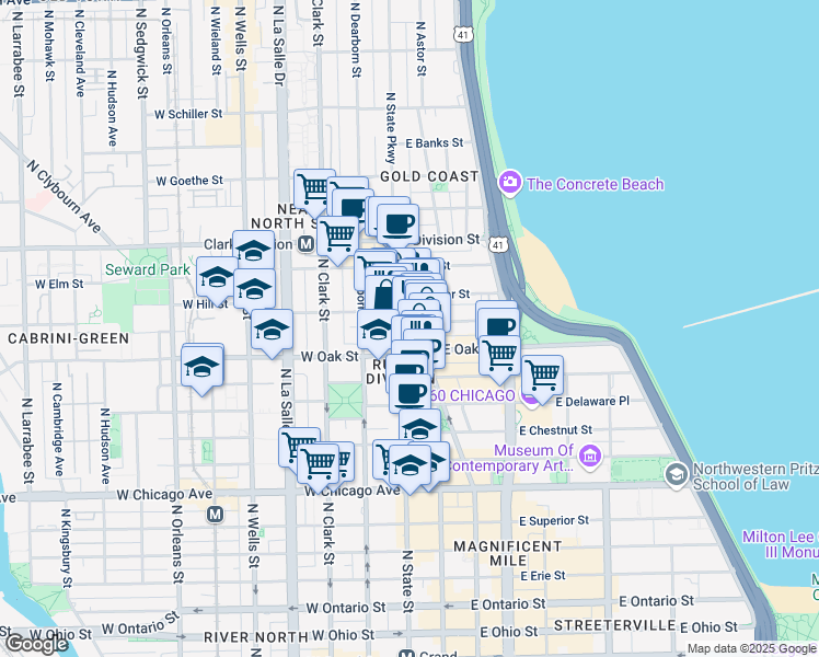 map of restaurants, bars, coffee shops, grocery stores, and more near 1028 North Rush Street in Chicago