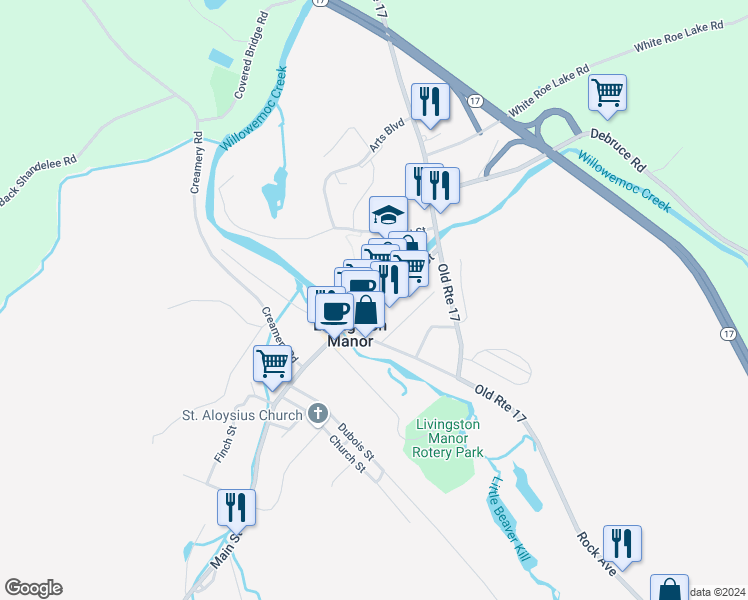 map of restaurants, bars, coffee shops, grocery stores, and more near in Livingston Manor