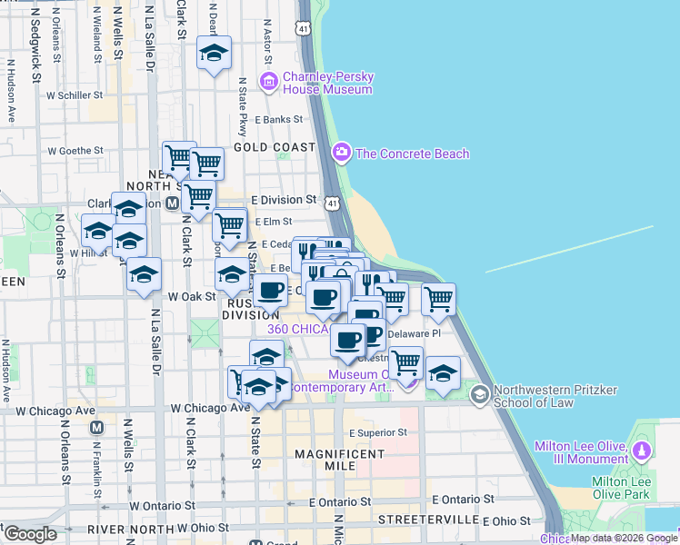map of restaurants, bars, coffee shops, grocery stores, and more near in Chicago