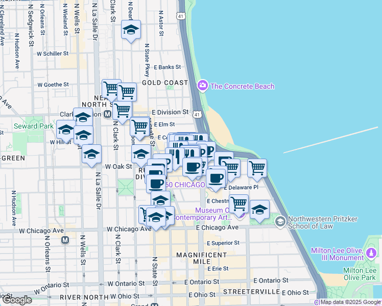 map of restaurants, bars, coffee shops, grocery stores, and more near 106 East Oak Street in Chicago