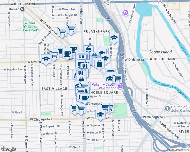 map of restaurants, bars, coffee shops, grocery stores, and more near 1528 West Cortez Street in Chicago