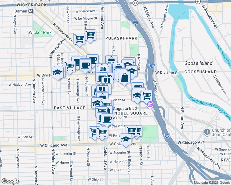 map of restaurants, bars, coffee shops, grocery stores, and more near 1528 West Cortez Street in Chicago