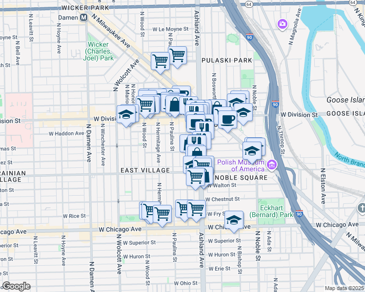 map of restaurants, bars, coffee shops, grocery stores, and more near 1040 North Marshfield Avenue in Chicago