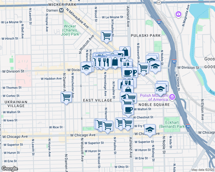 map of restaurants, bars, coffee shops, grocery stores, and more near 1716 West Cortez Street in Chicago