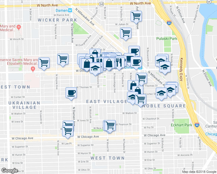 map of restaurants, bars, coffee shops, grocery stores, and more near 1049 North Wood Street in Chicago