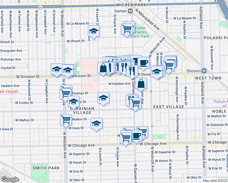 map of restaurants, bars, coffee shops, grocery stores, and more near 1051 North Hoyne Avenue in Chicago