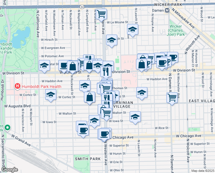 map of restaurants, bars, coffee shops, grocery stores, and more near 1061 North Western Avenue in Chicago
