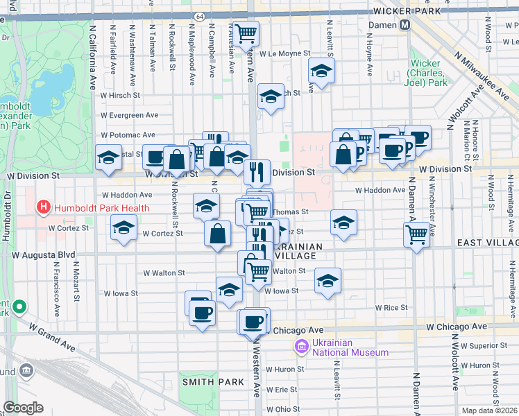 map of restaurants, bars, coffee shops, grocery stores, and more near 1061 North Western Avenue in Chicago
