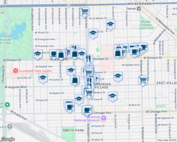 map of restaurants, bars, coffee shops, grocery stores, and more near 1061 North Western Avenue in Chicago
