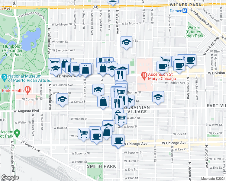 map of restaurants, bars, coffee shops, grocery stores, and more near 2437 West Thomas Street in Chicago