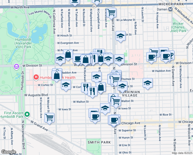 map of restaurants, bars, coffee shops, grocery stores, and more near 2525 West Thomas Street in Chicago