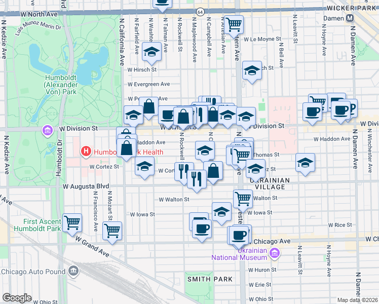 map of restaurants, bars, coffee shops, grocery stores, and more near 2551 West Thomas Street in Chicago